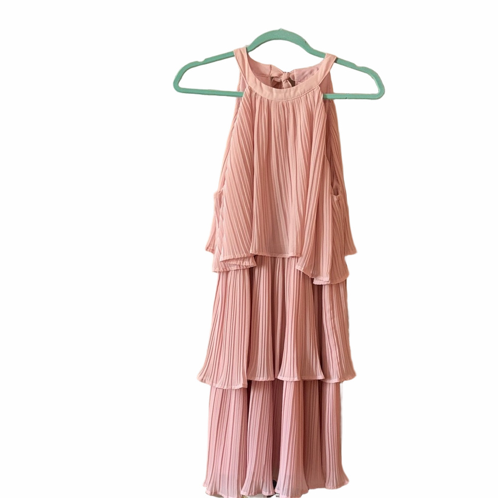 Halter neck ruffled tiered layered pale pink chiffon flowy swing dress.
